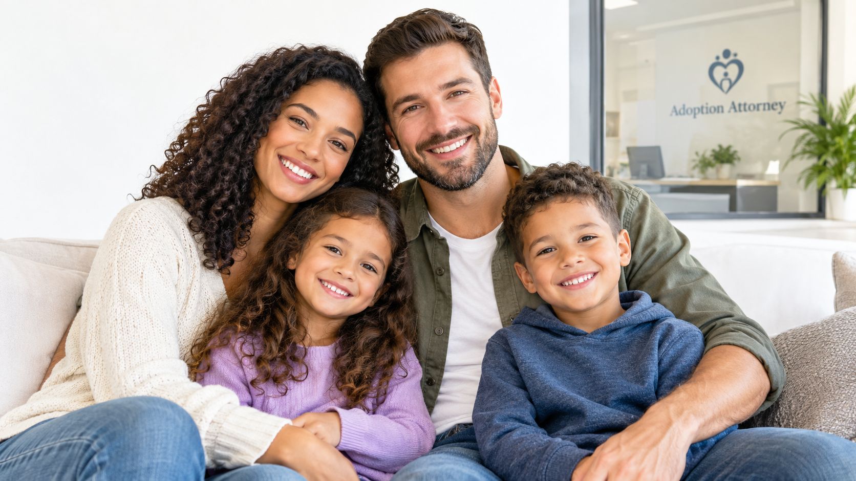 A happy multiracial family of four smiling together while sitting on a couch in an office.