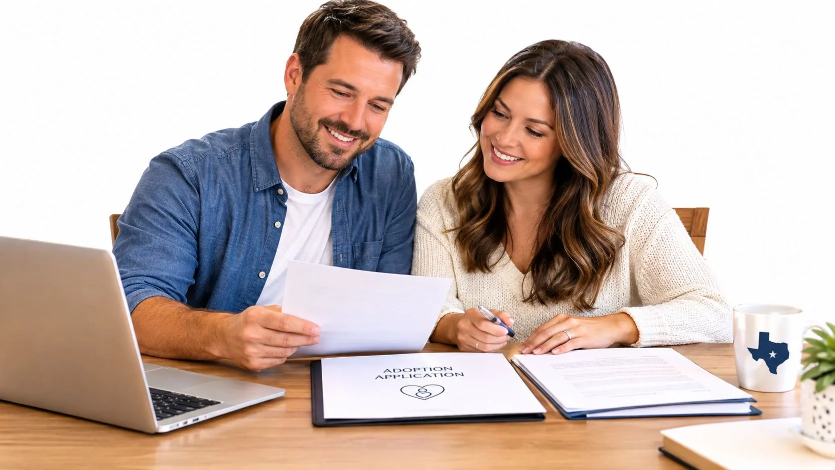 A happy couple sitting at a wooden table filling out an adoption application form together.