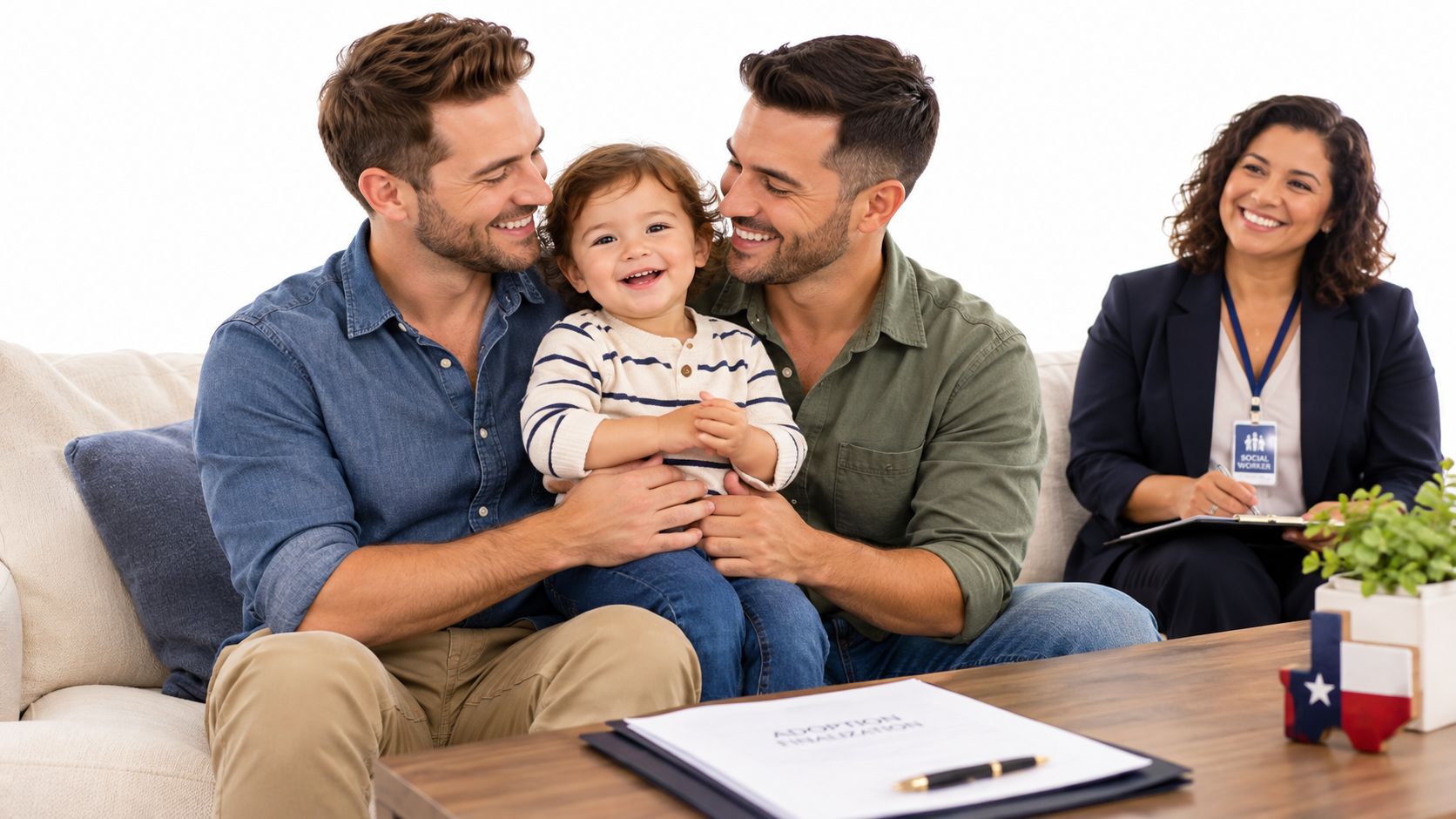 A happy same-sex couple smiling with their toddler during a legal adoption finalization meeting with a social worker.