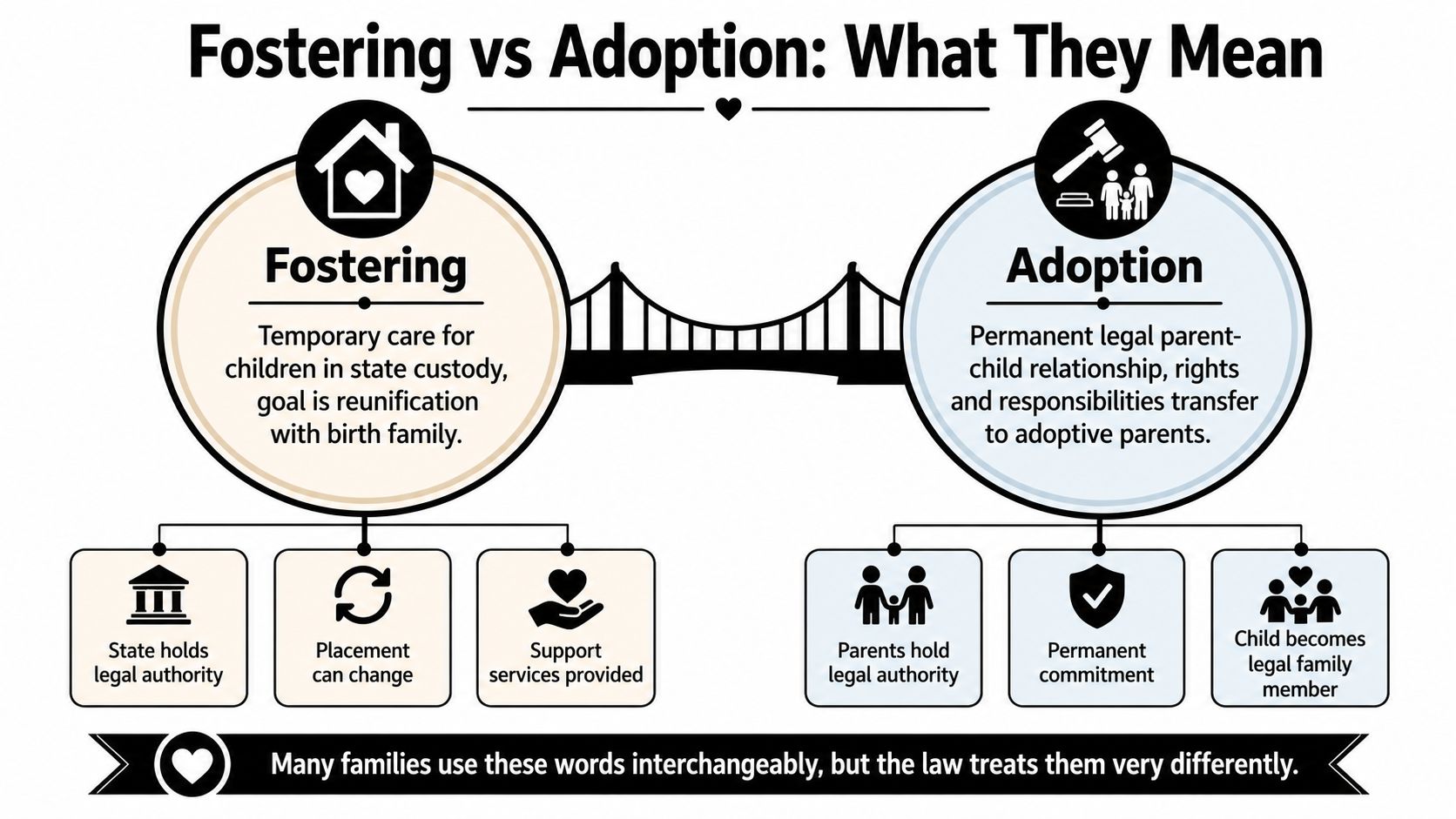 An infographic comparing the legal differences between fostering and adoption in a clear, accessible visual format.