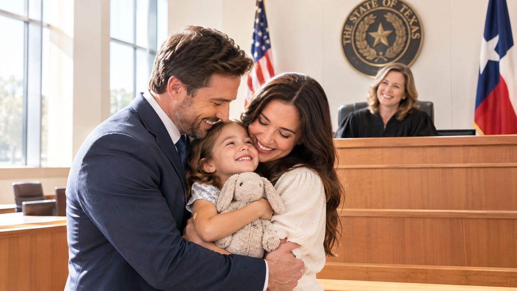 A happy family hugging their daughter inside a courtroom after finalizing an adoption process with a judge.