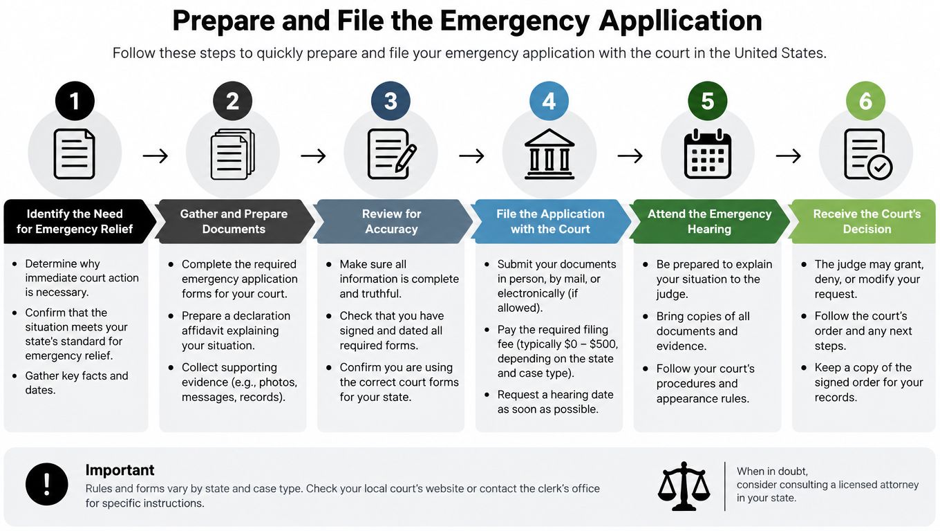 A six-step infographic showing the legal process to prepare and file an emergency court application.