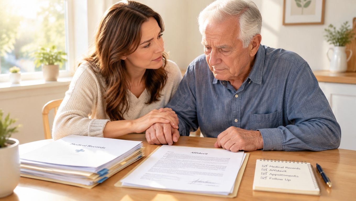 A concerned woman supports an elderly man as they review important legal and medical documents together.