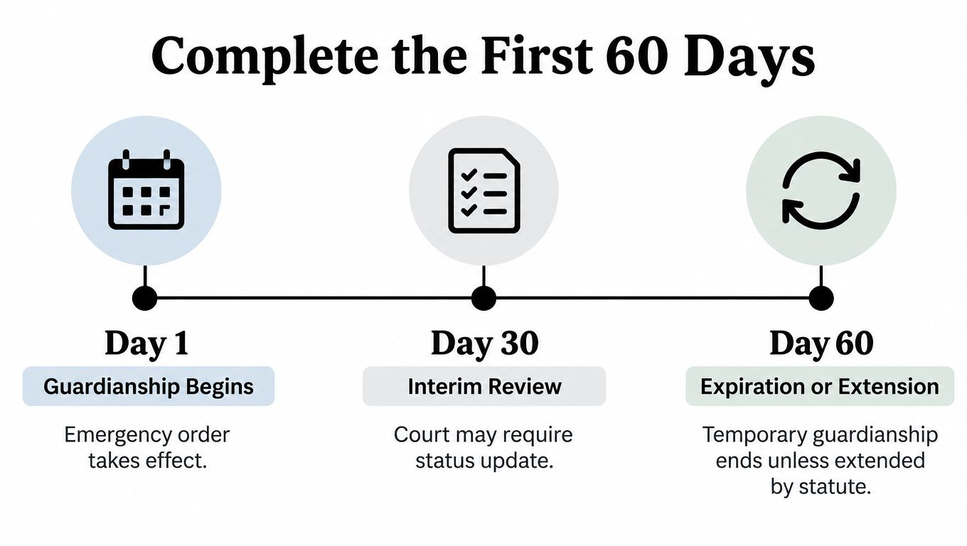A timeline graphic illustrating the first 60 days of an emergency guardianship process in three stages.
