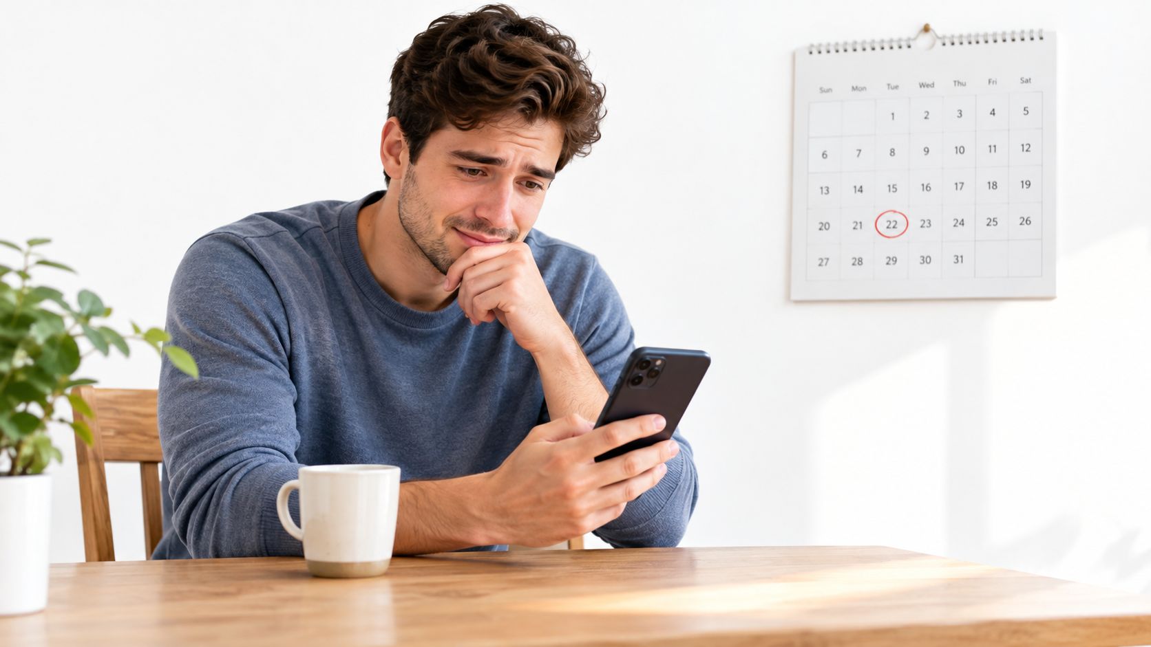 A man sits at a desk, looking at his smartphone with a concerned expression near a calendar.
