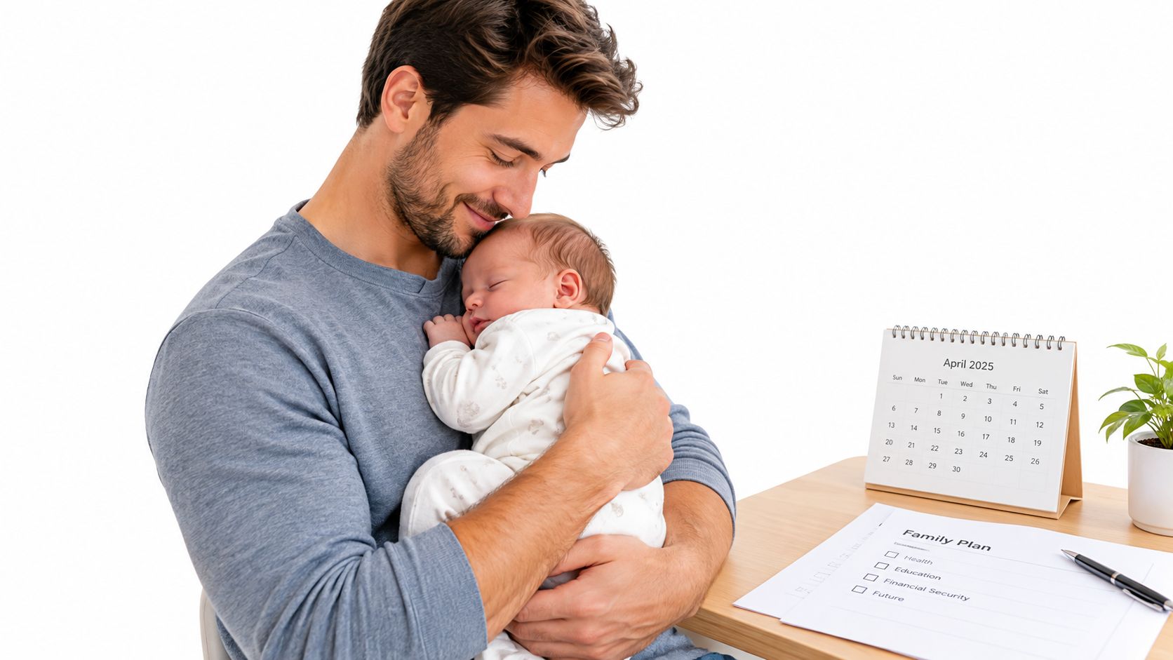 A caring father tenderly holding his sleeping newborn baby while sitting at a desk with a planner.
