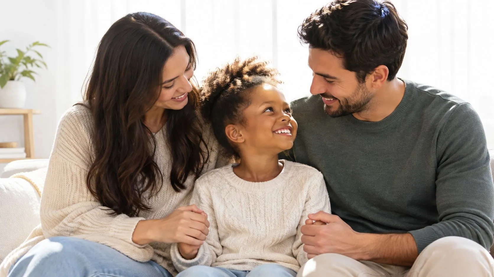 A happy interracial family with a young daughter sitting together on a couch, smiling and laughing.