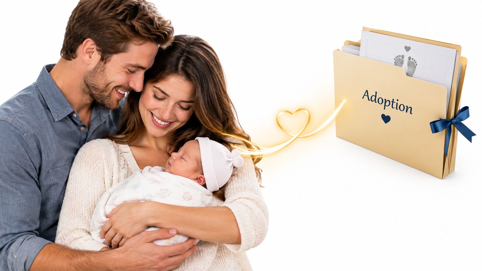 A happy couple cradling their newborn baby with an adoption folder and heart graphic nearby.