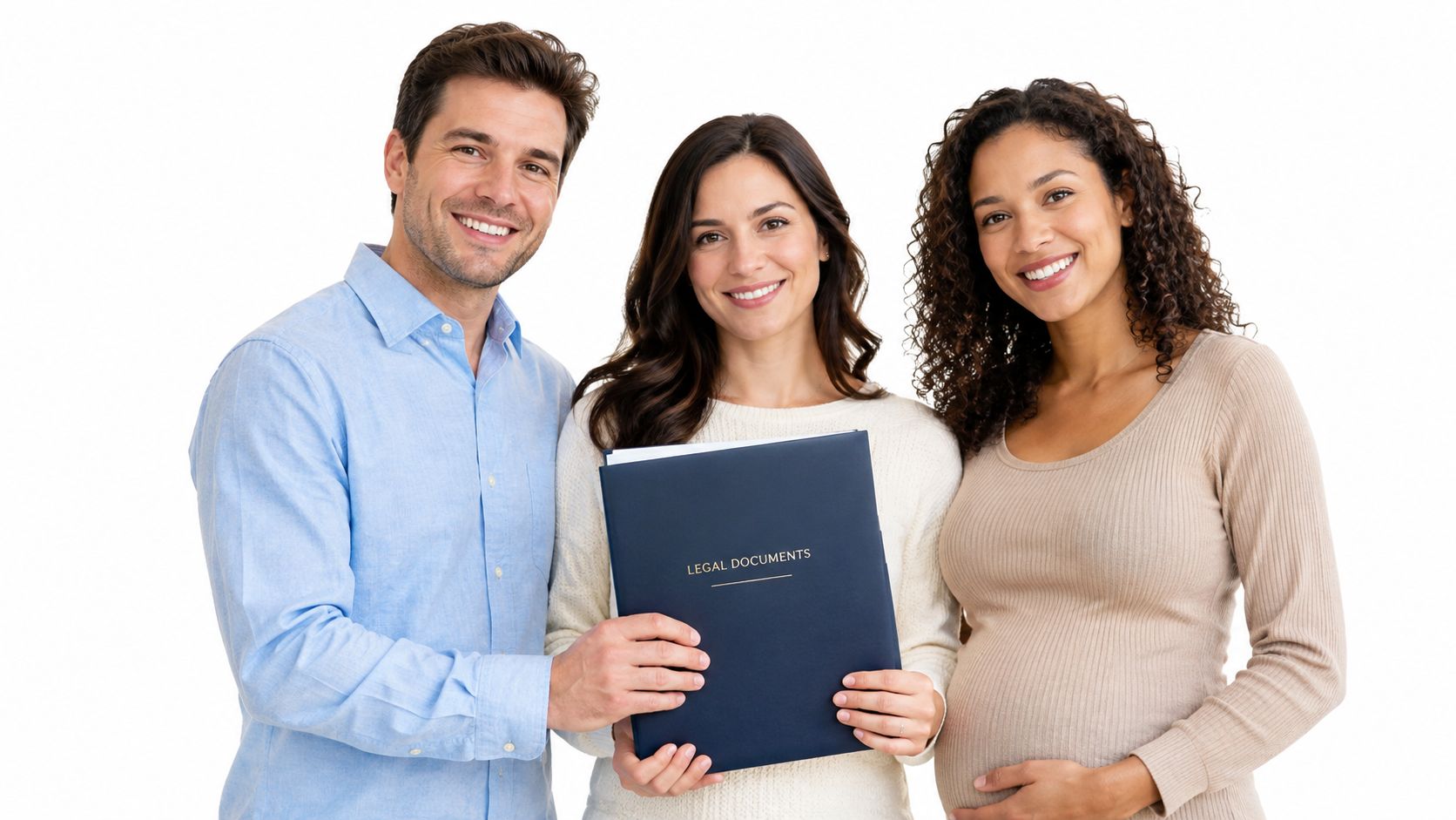 A man and two women, one pregnant, smiling while holding a legal documents folder together.