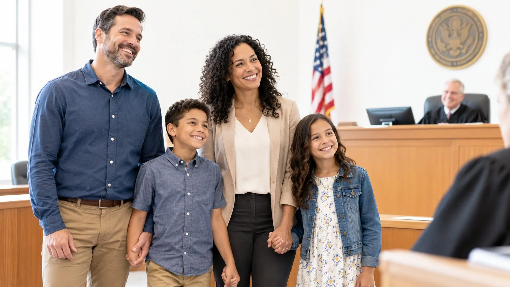 A happy family standing in a courtroom during a legal adoption hearing with a judge present.