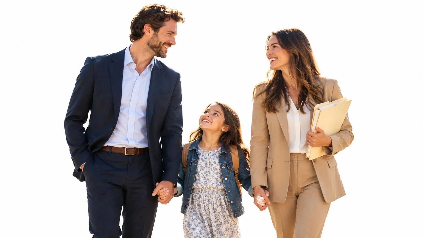 A happy family of three, including parents and their daughter, walking hand in hand together.