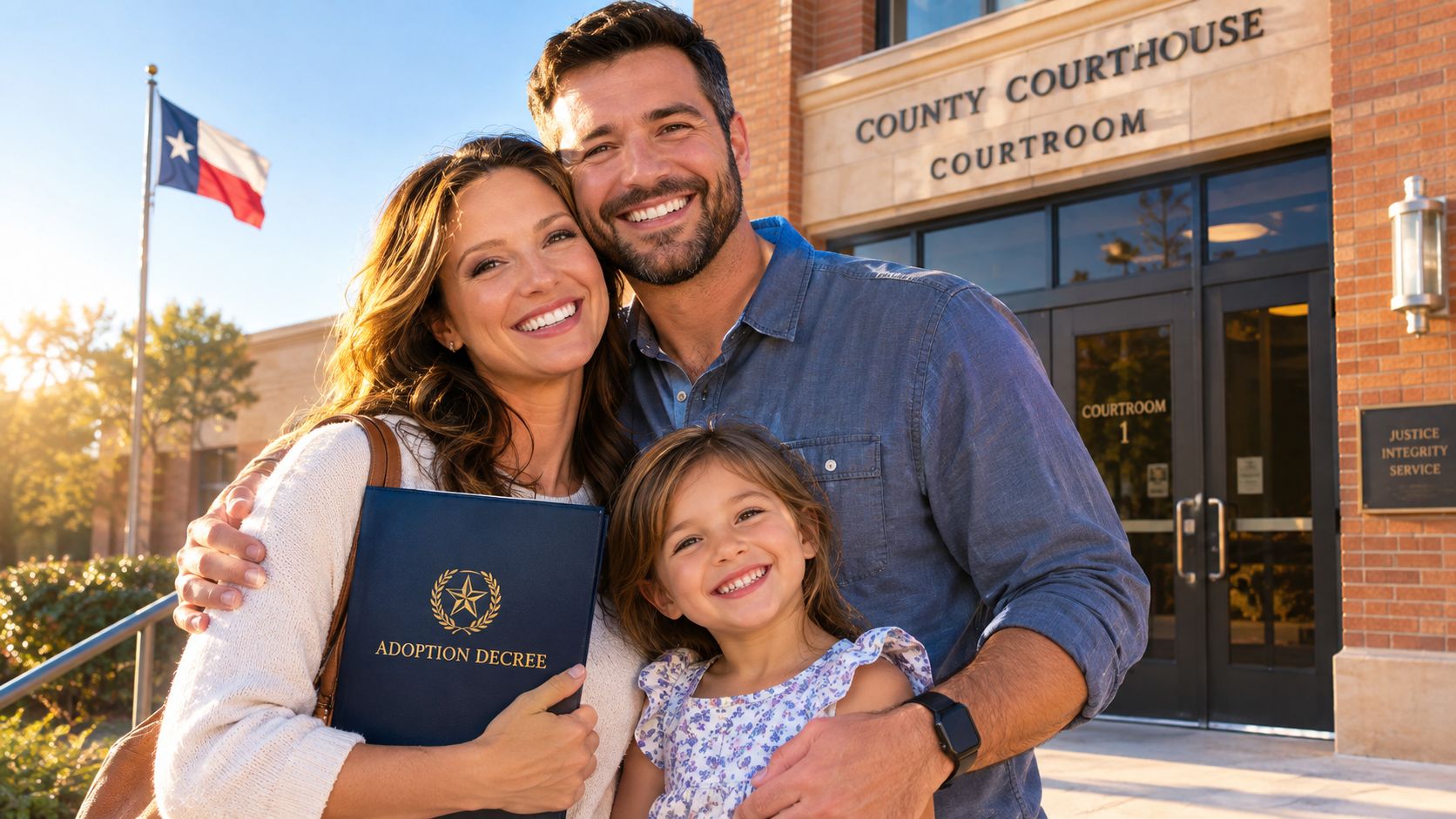 A happy family holding an adoption decree document in front of a Texas county courthouse building.