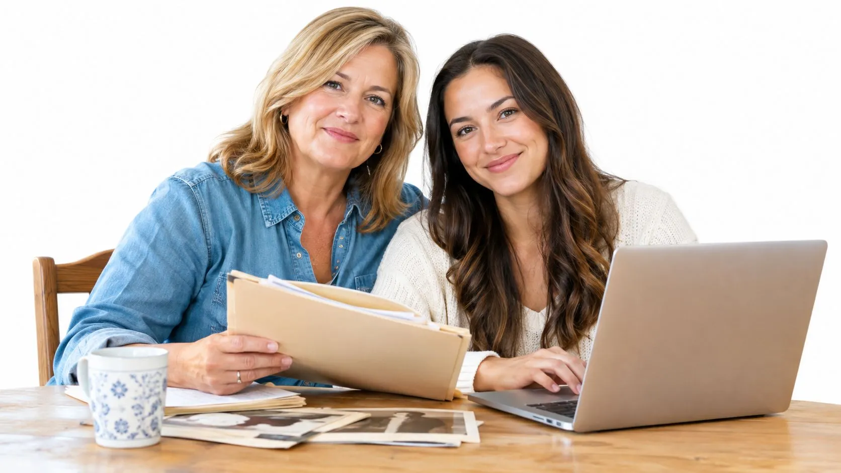 A smiling woman and her daughter looking at family photographs and a laptop together at home.