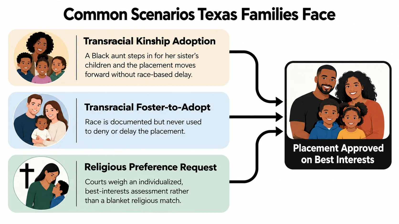 An infographic showing three Texas family adoption scenarios leading to placement approved on best interests.
