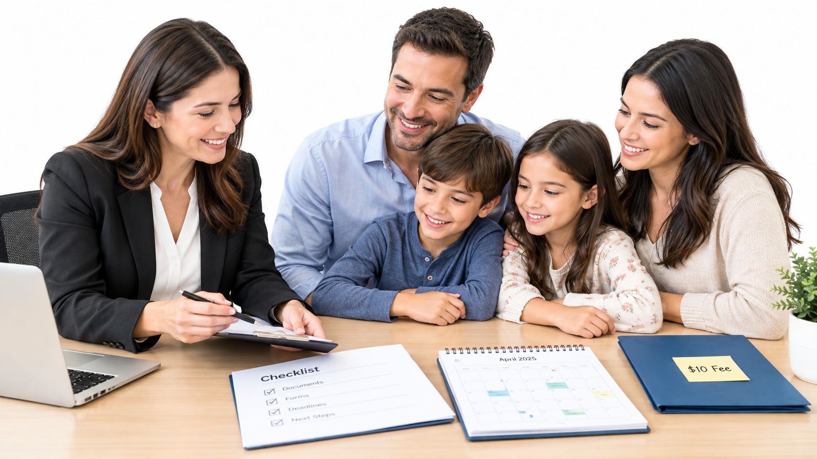 A professional advisor consults with a happy family, reviewing a checklist and calendar about adoption documents.
