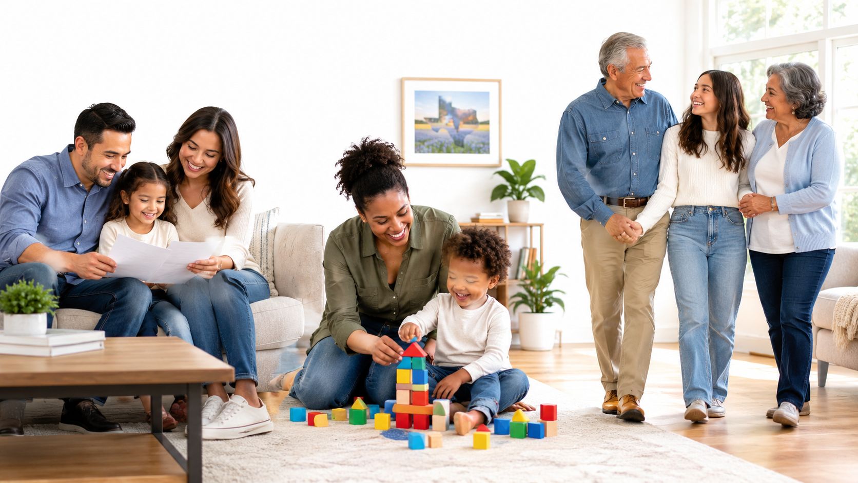 A happy diverse family engaging in different activities, including playing with building blocks and reading papers together.