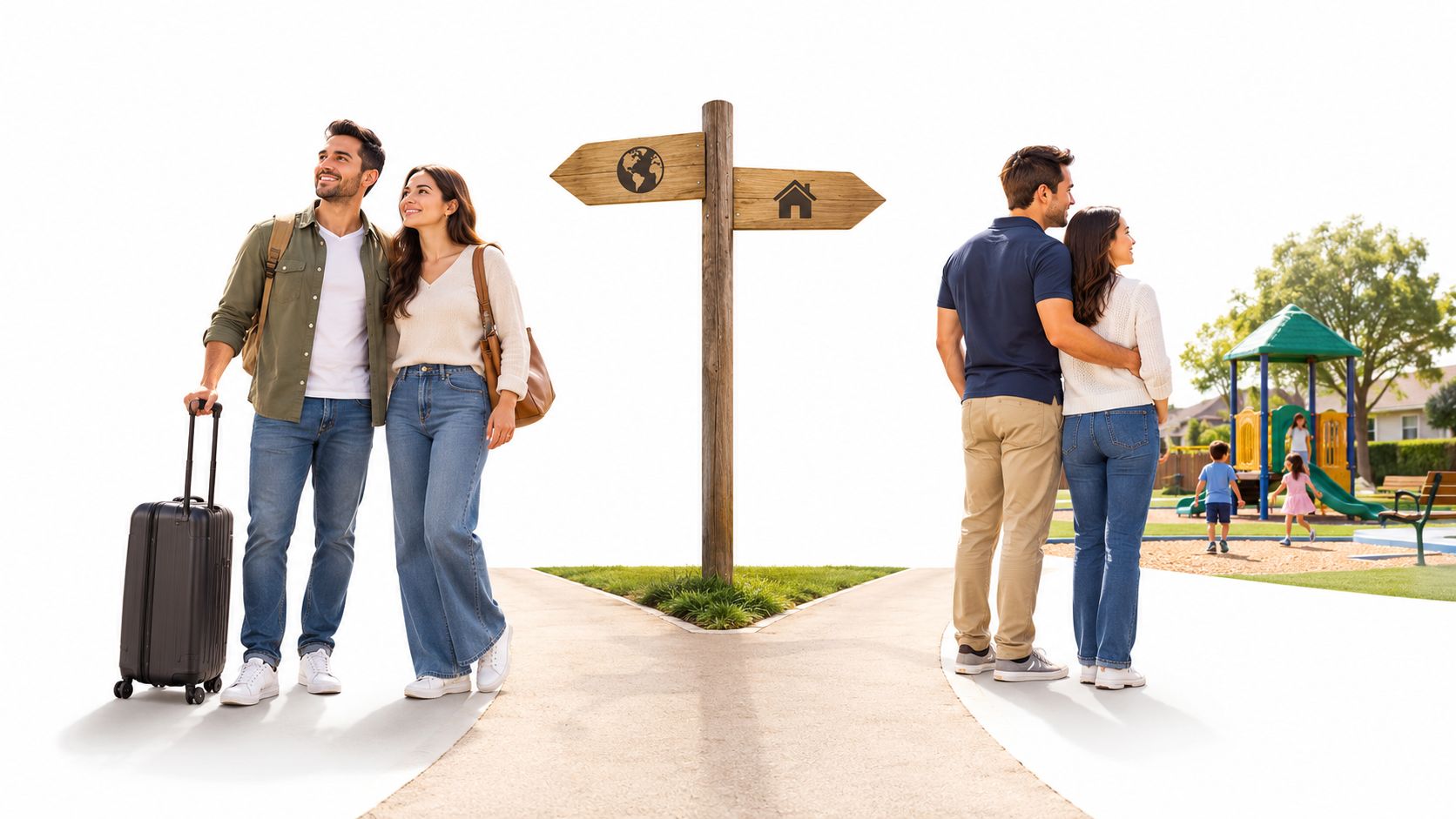 A couple with luggage facing a world sign and another couple facing a home sign near a playground