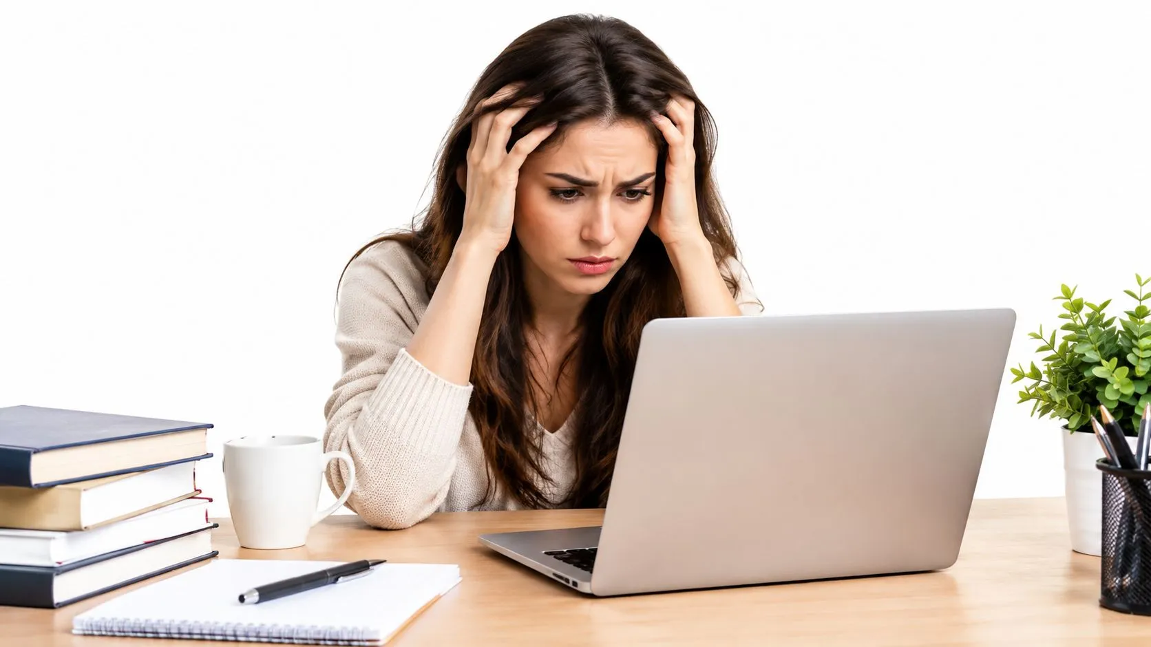 A distressed young woman sitting at a desk looking worriedly at her laptop screen with books nearby.