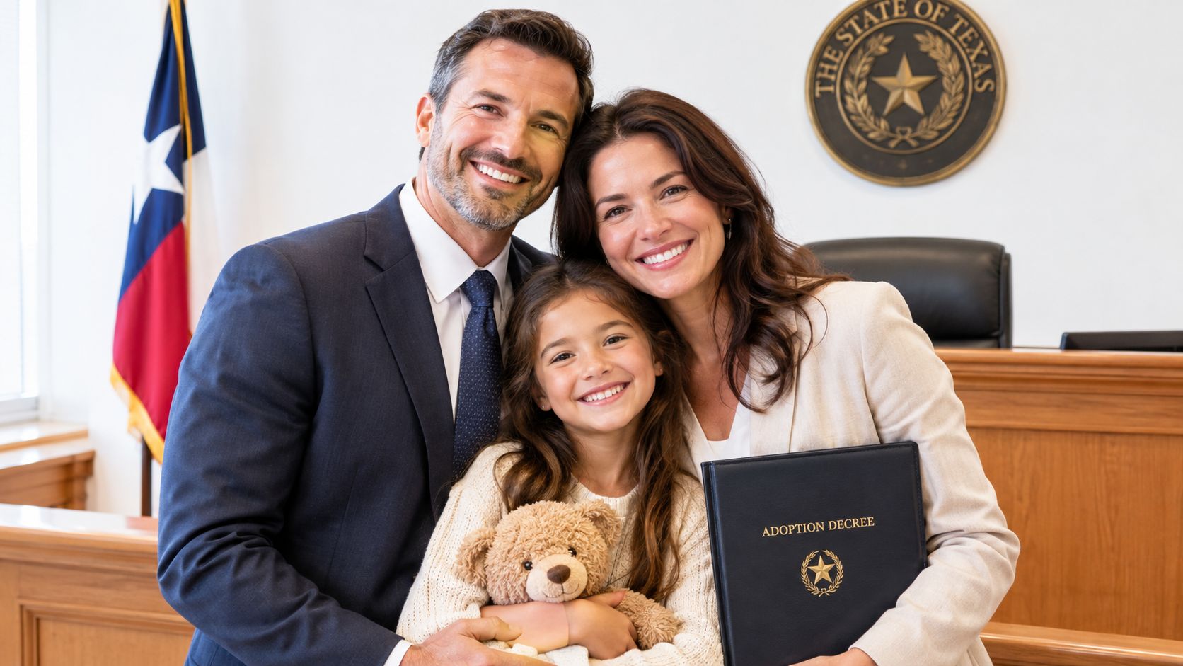 A happy family holding an adoption decree in a courtroom with the Texas state flag nearby.