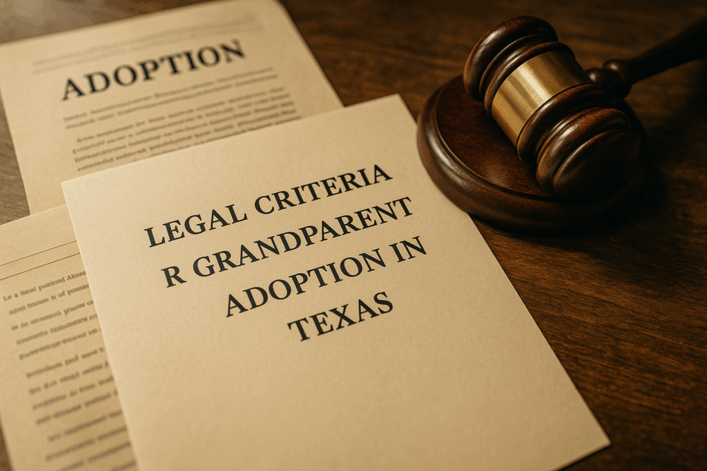 An illustration of legal documents and a gavel, symbolizing the legal criteria for grandparent adoption in Texas.