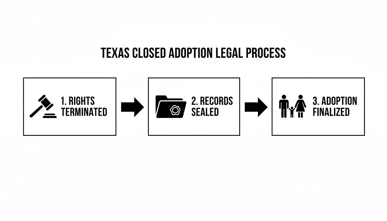 A flowchart illustrates the three-step Texas closed adoption legal process: rights terminated, records sealed, and adoption finalized.