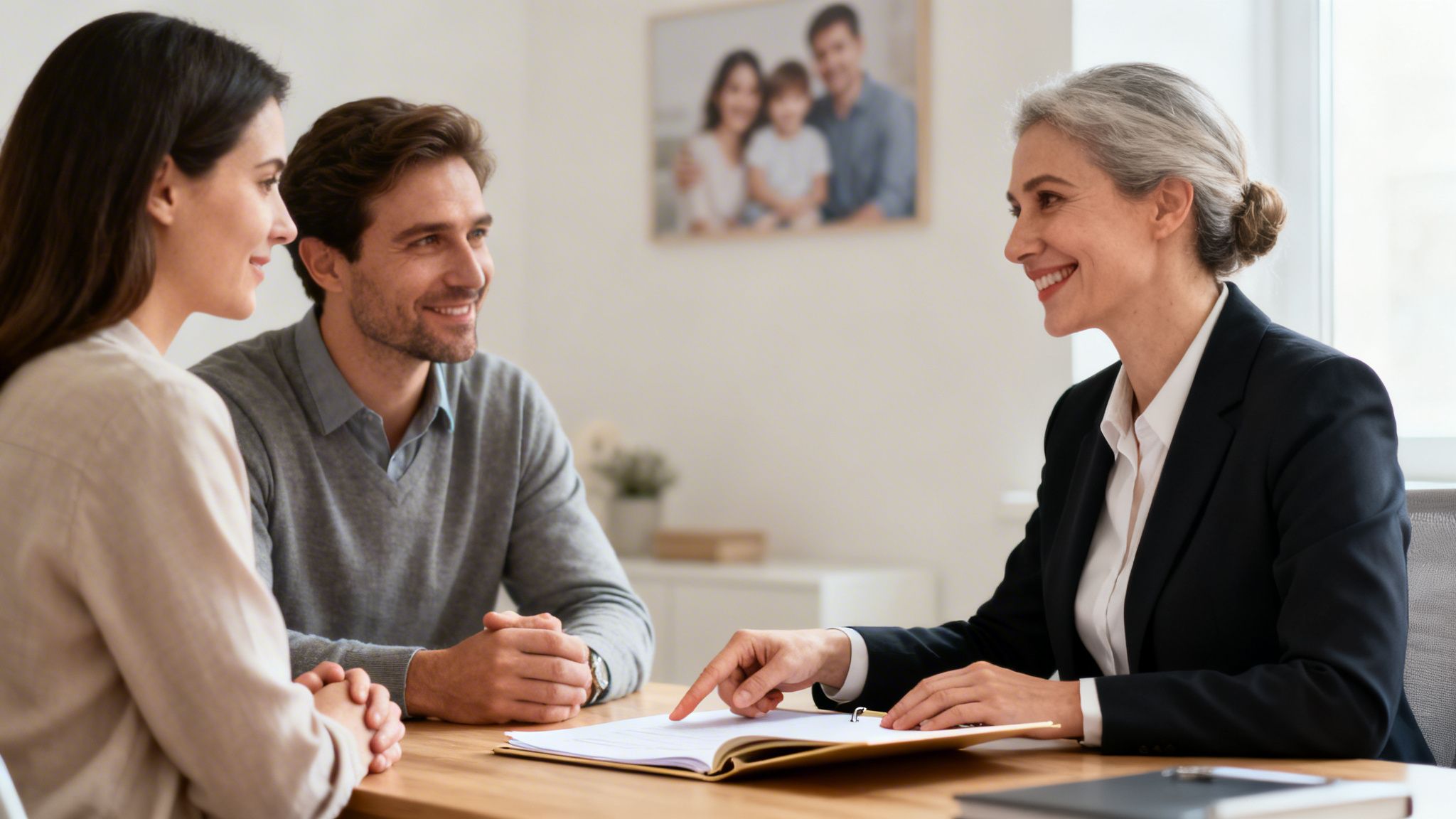 A smiling couple discusses documents with a female family law attorney at a table.