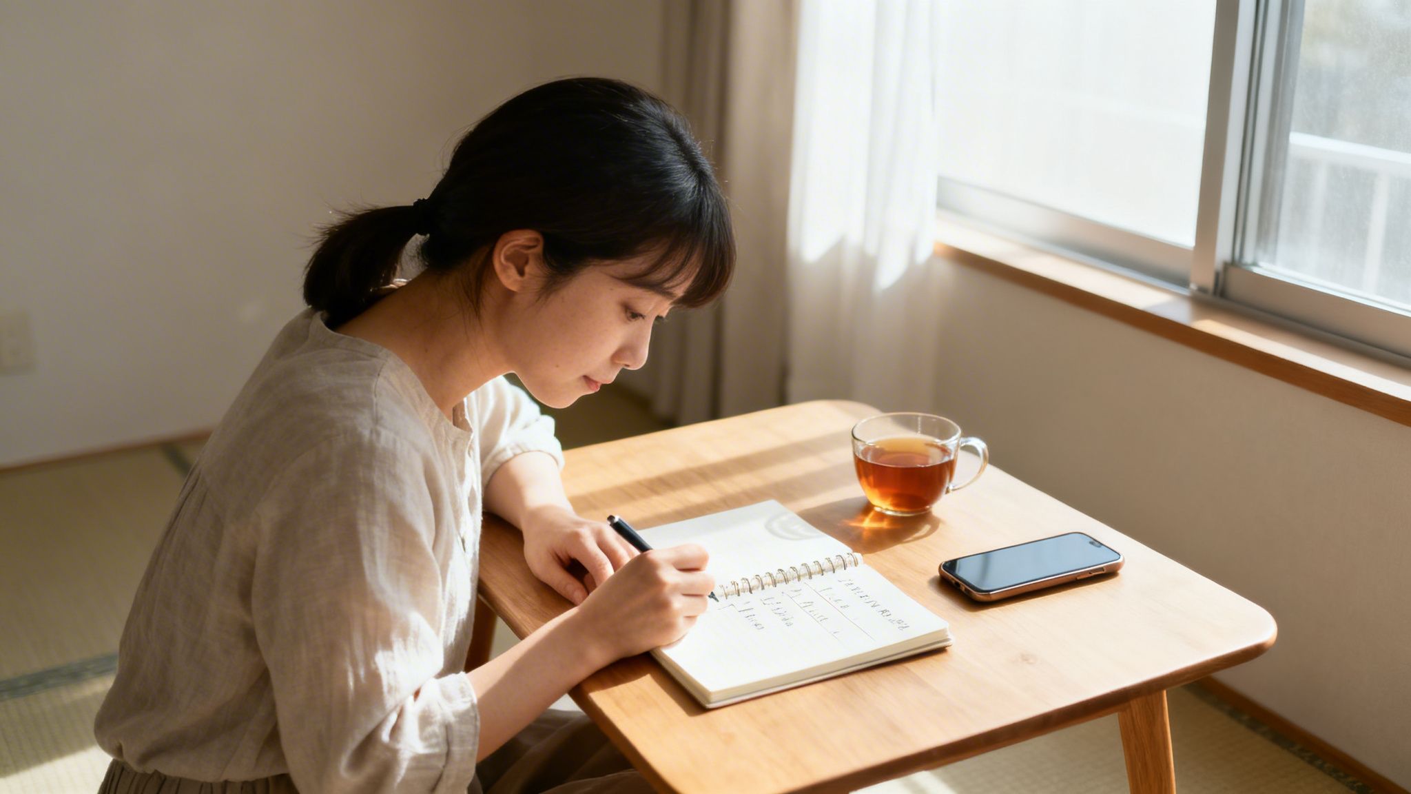 A young woman focused on writing in a notebook at a wooden table, with tea and phone nearby.