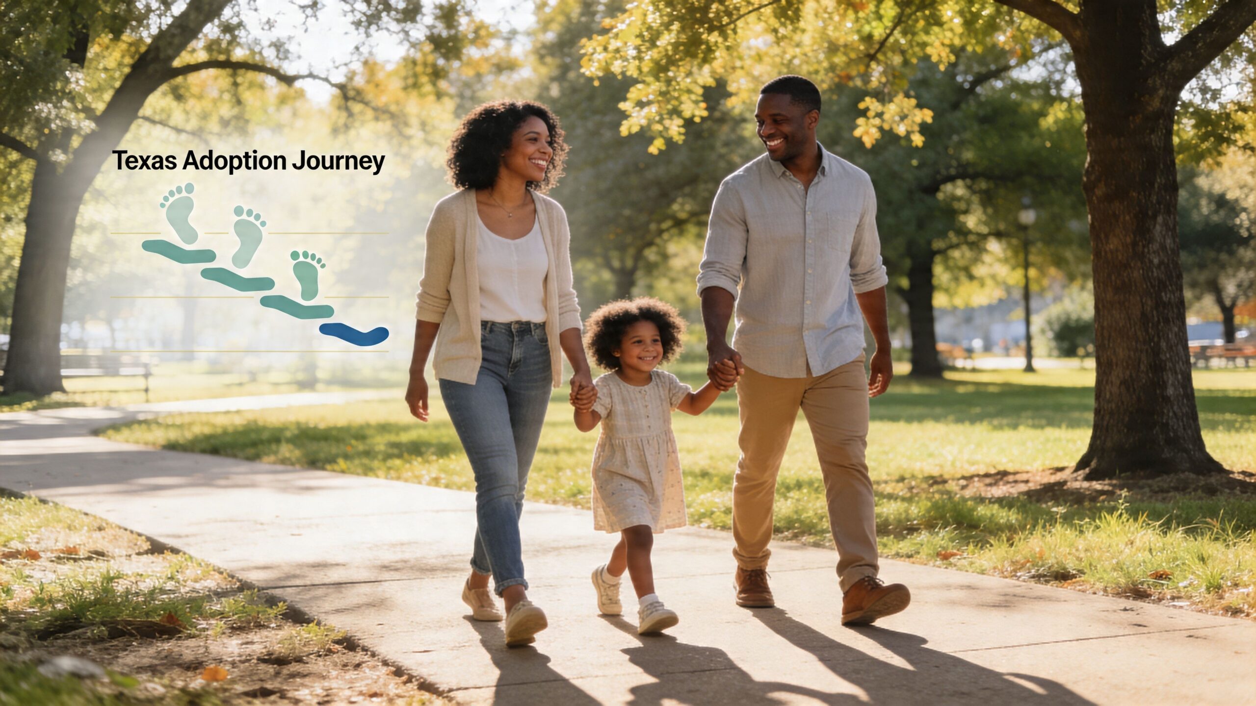 A happy family walking together on a sunny park path during their Texas adoption journey.