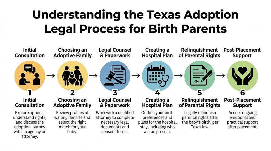 A six-step infographic detailing the Texas adoption legal process for birth parents from consultation to support.