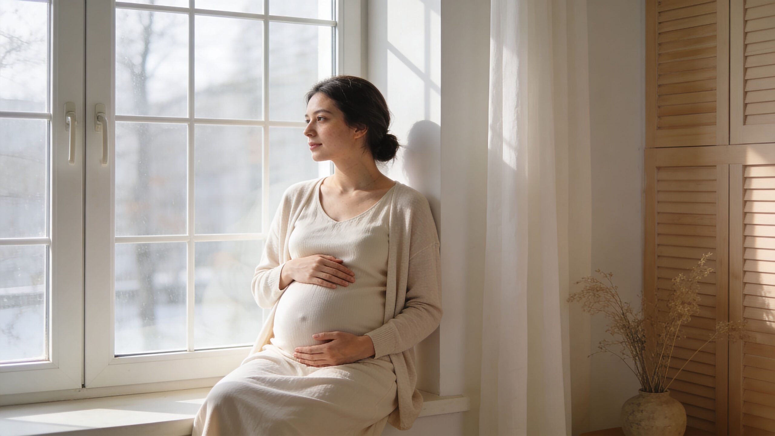 A serene pregnant woman in a beige dress sitting on a windowsill looking out at the light
