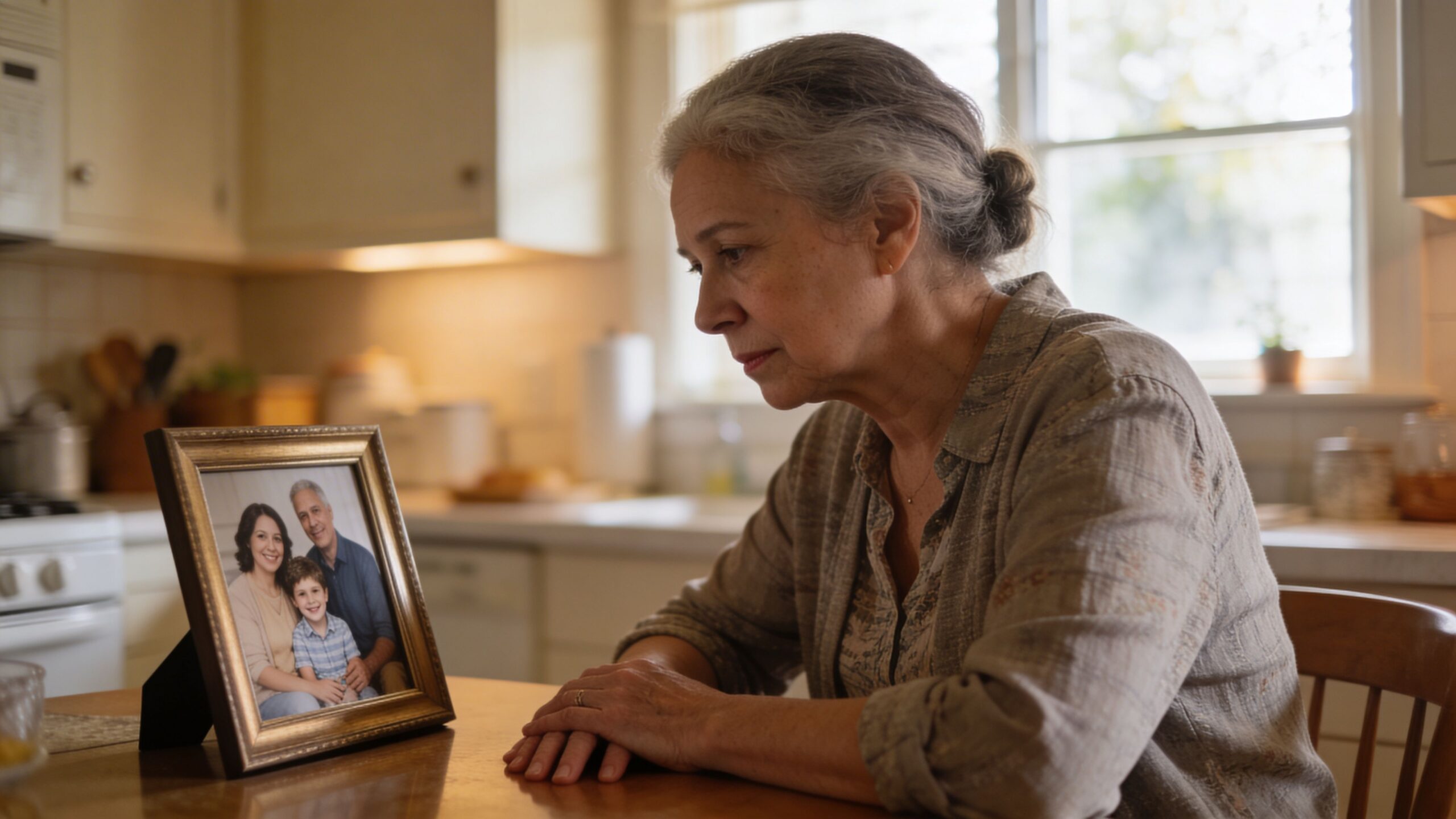An elderly woman sitting at a kitchen table looking pensively at a framed family photograph.