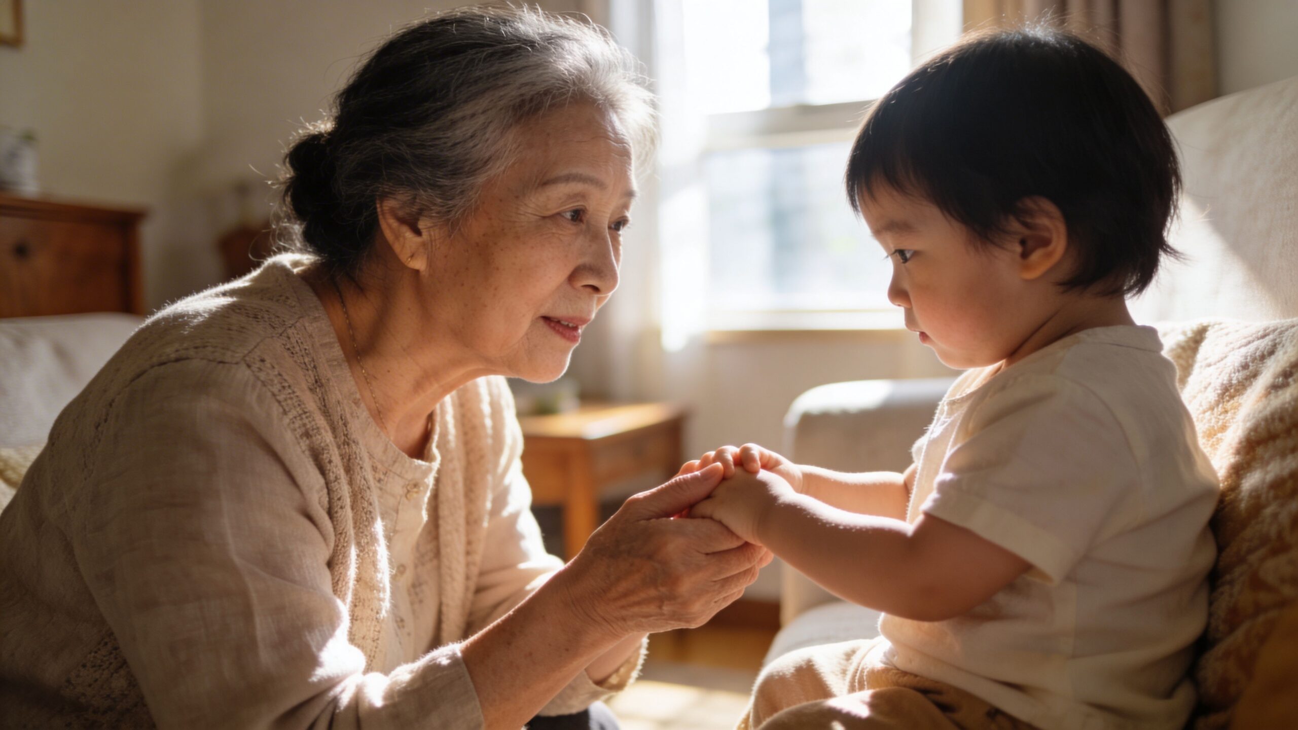 A loving grandmother holds the small hands of her young grandchild during a heartwarming family moment.