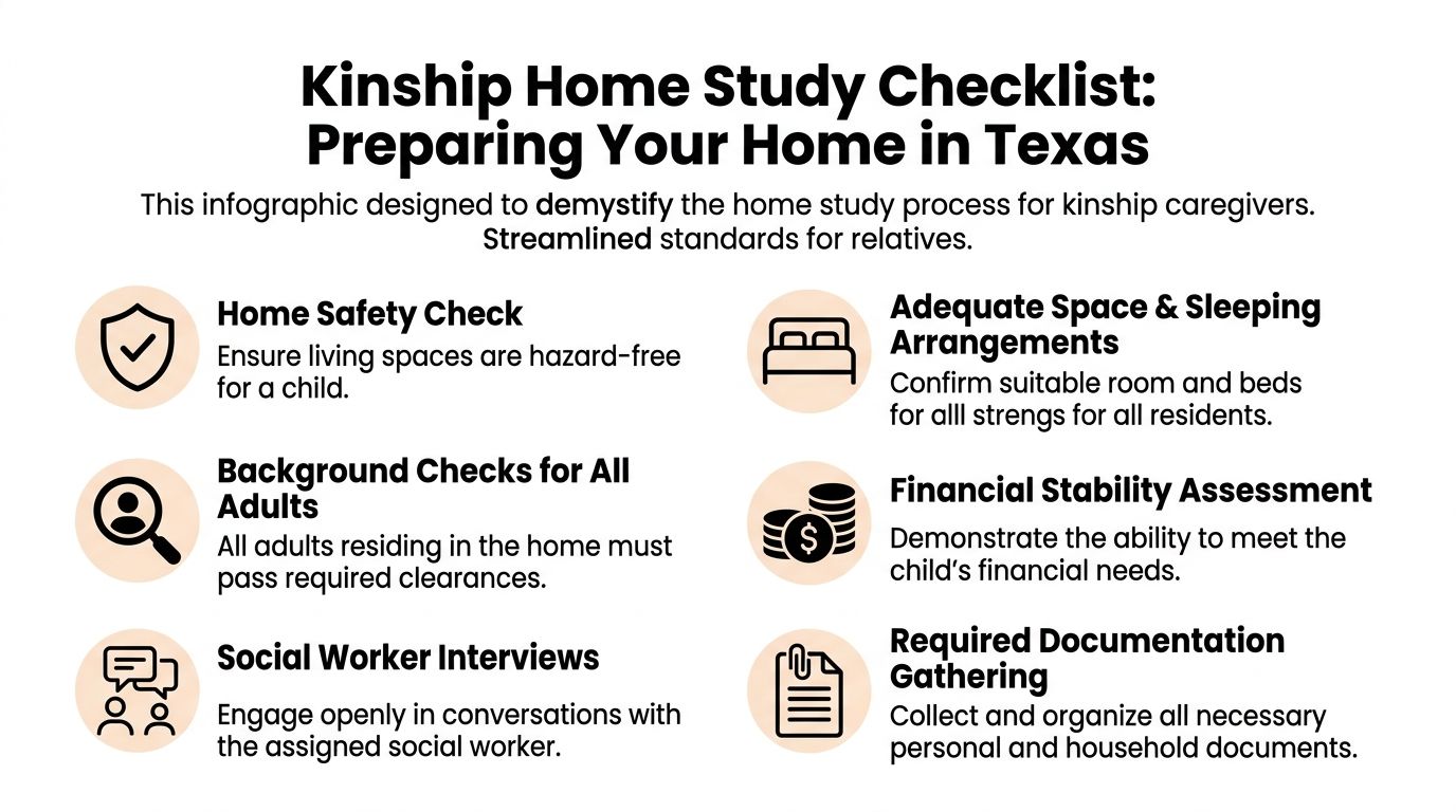 An infographic titled Kinship Home Study Checklist for preparing a home for children in Texas.