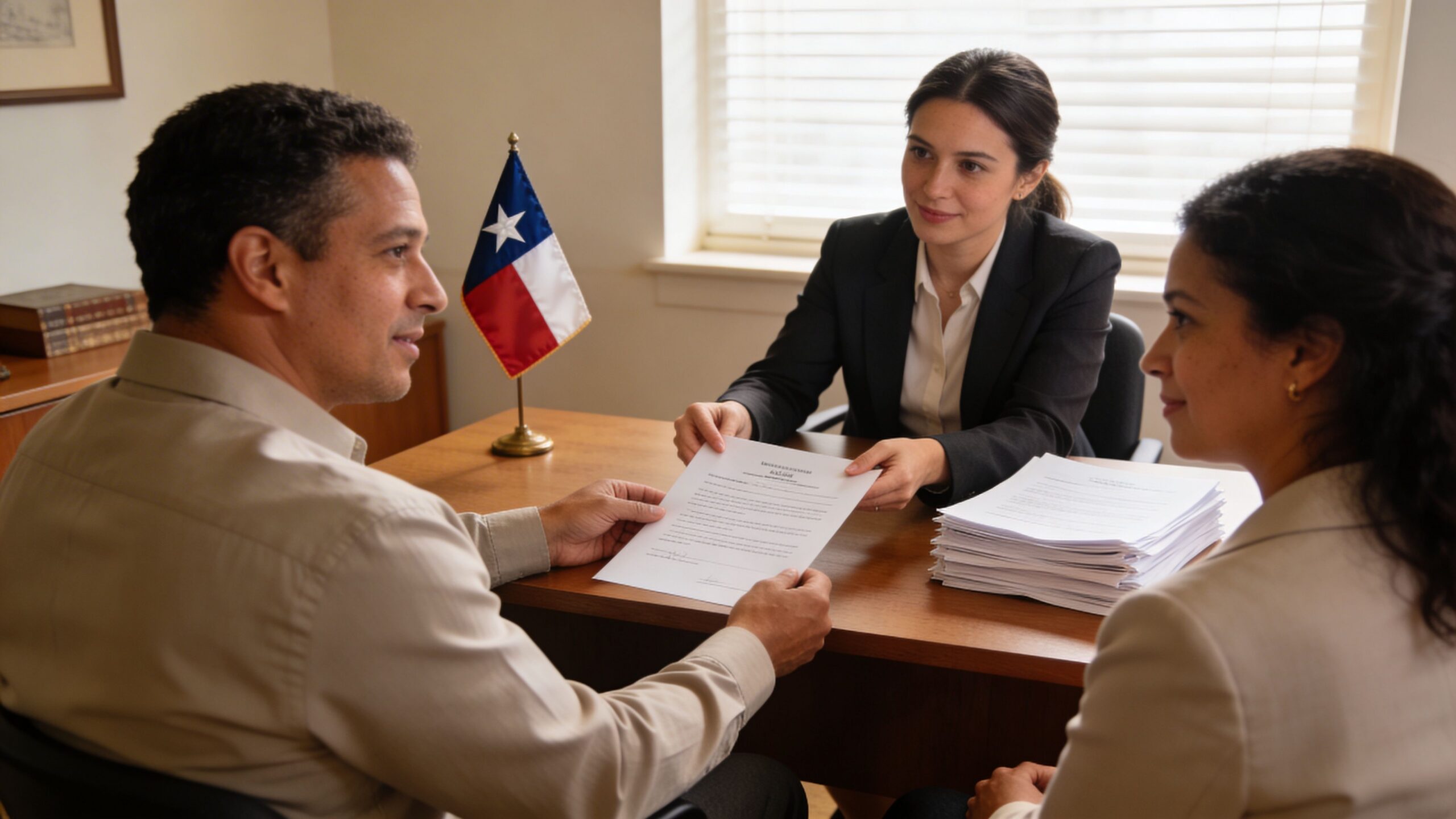 A professional meeting in Texas with an attorney presenting documents to a couple for kinship adoption.