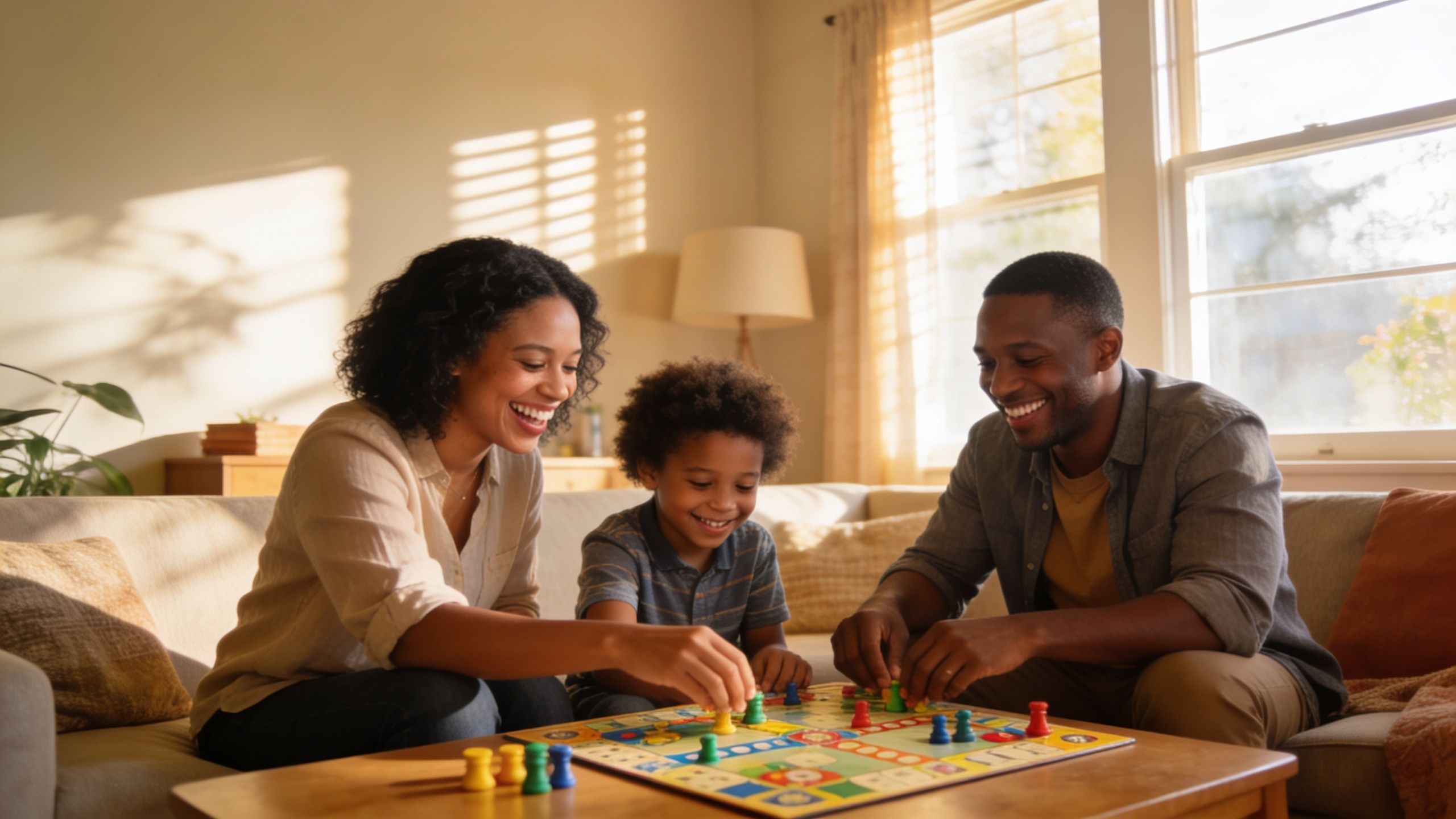 A happy Black family consisting of a mother, father, and son playing a board game together.