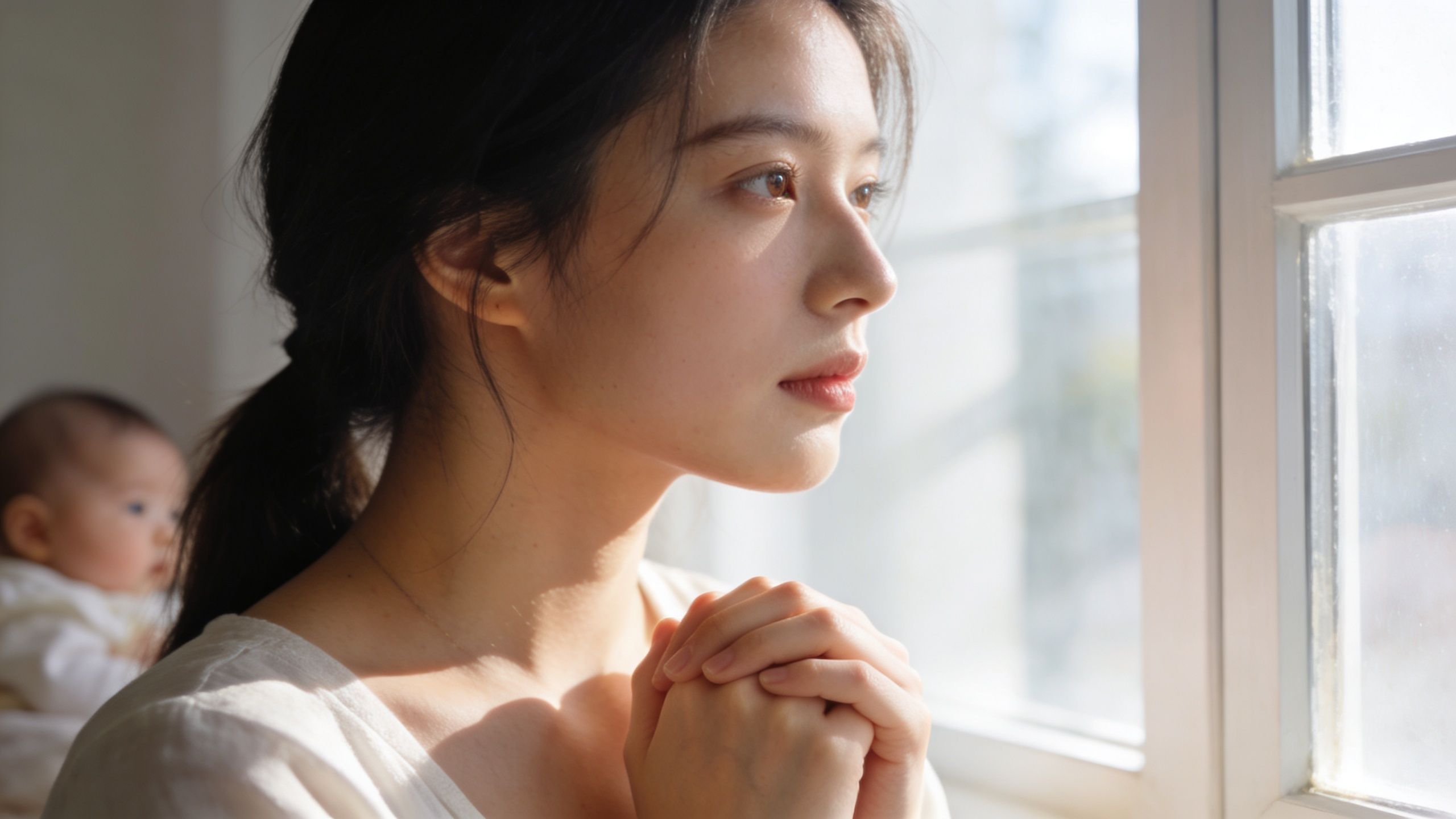 A pensive young mother holding her hands together while looking out of a bright window with her baby.