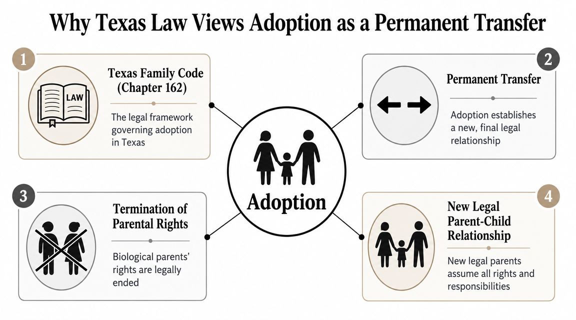 An infographic titled Why Texas Law Views Adoption as a Permanent Transfer, highlighting four key legal aspects of adoption.
