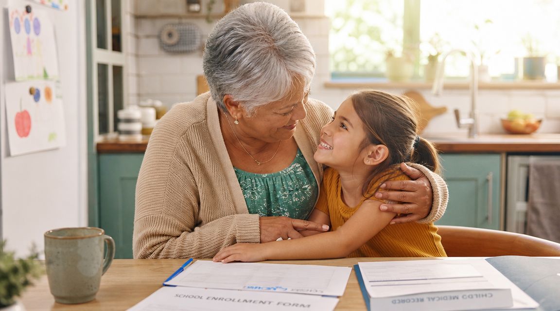 An elderly woman smiling at her young granddaughter while sitting at a table with school forms.