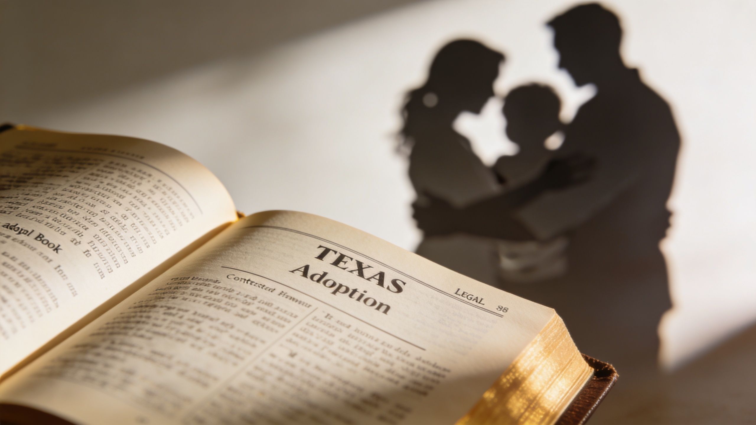 An open book about Texas adoption laws with a shadowy silhouette of a family in the background.