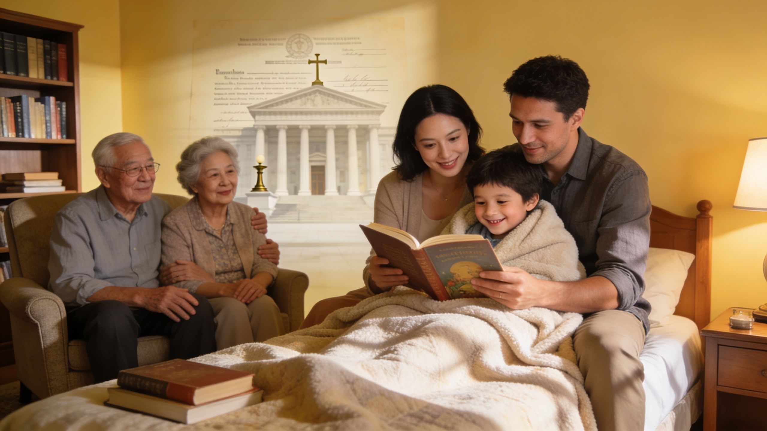 A multi-generational Asian family reading a book together in a warm, cozy bedroom setting.