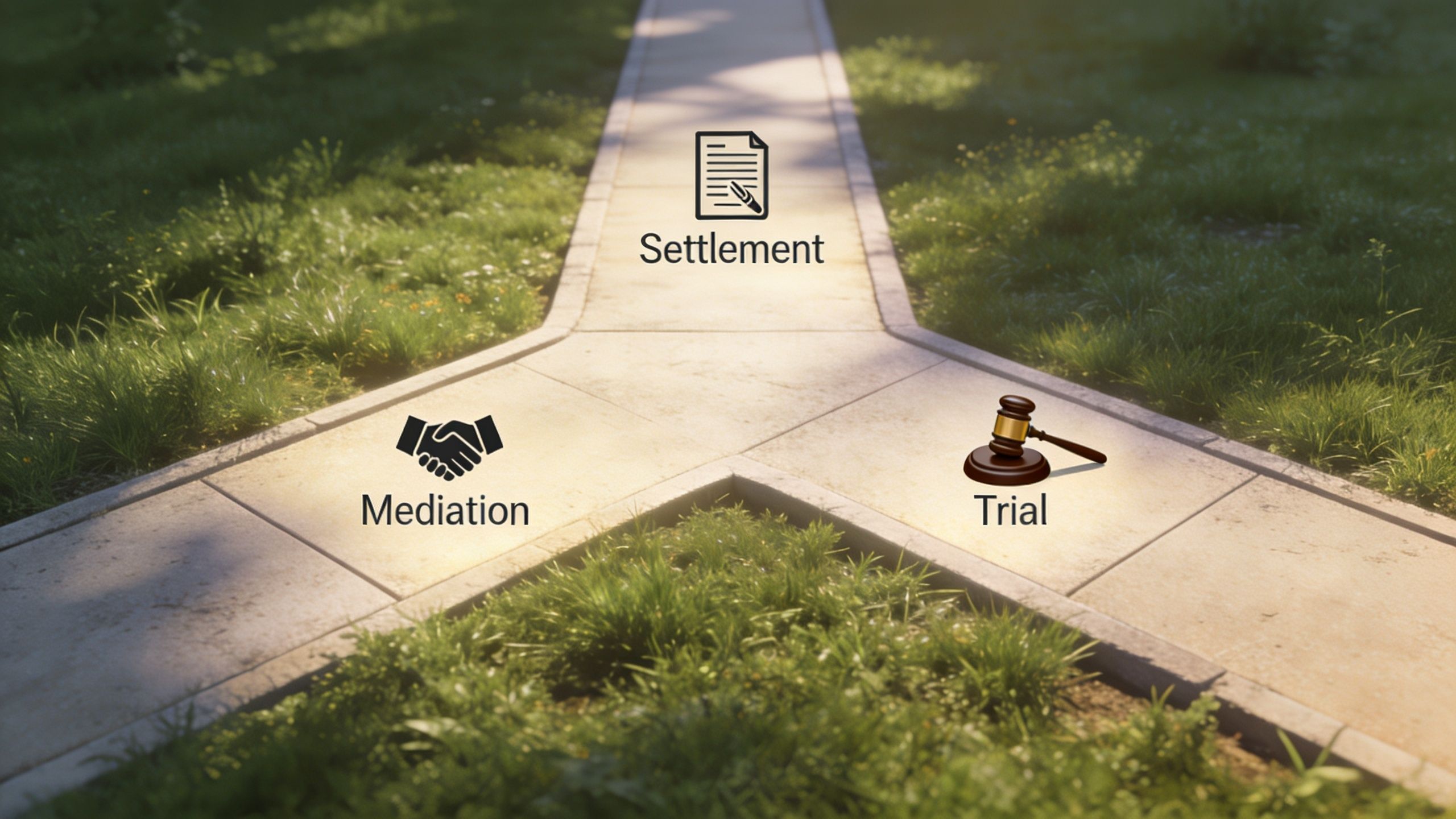 A concrete path splitting into three directions representing legal choices of settlement, mediation, and trial.