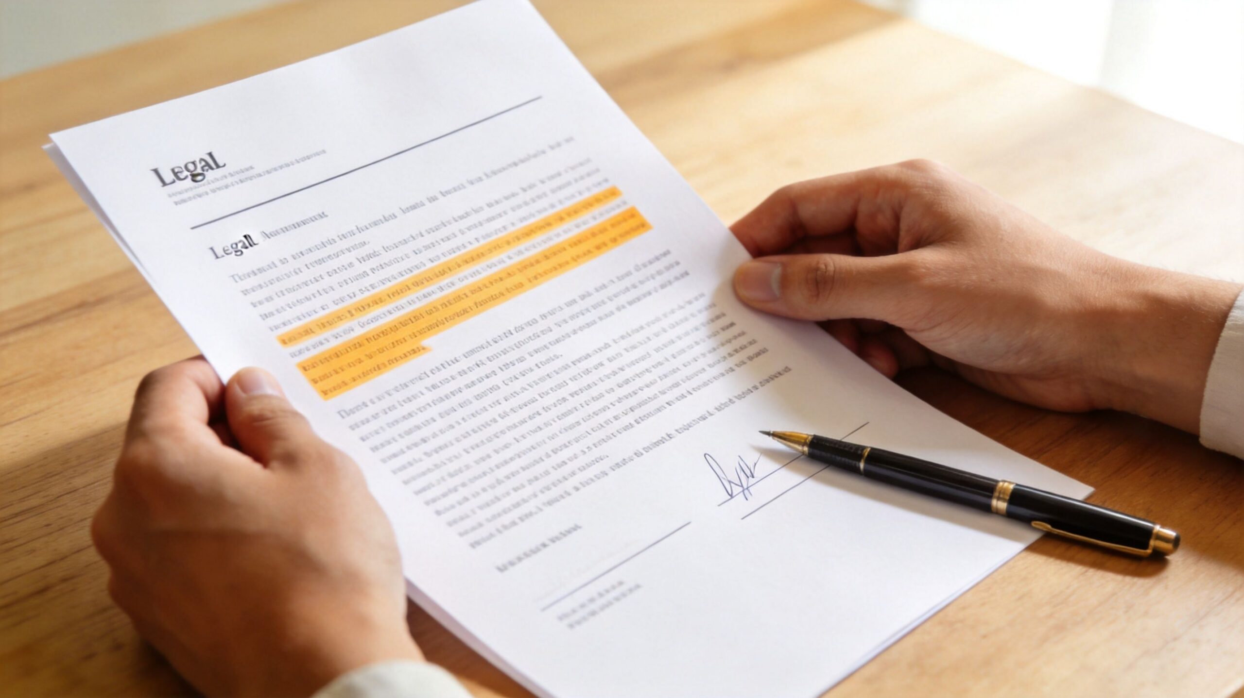 A person reviewing a legal document with highlighted text and a signature, placed on a wooden desk.
