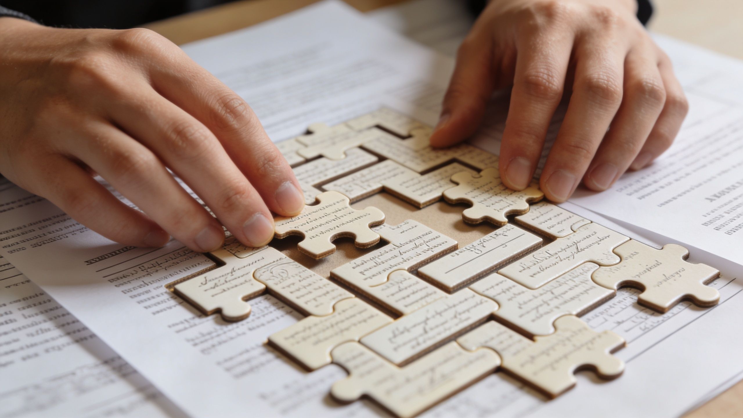 A person piecing together puzzle pieces shaped like document segments on top of a legal form.