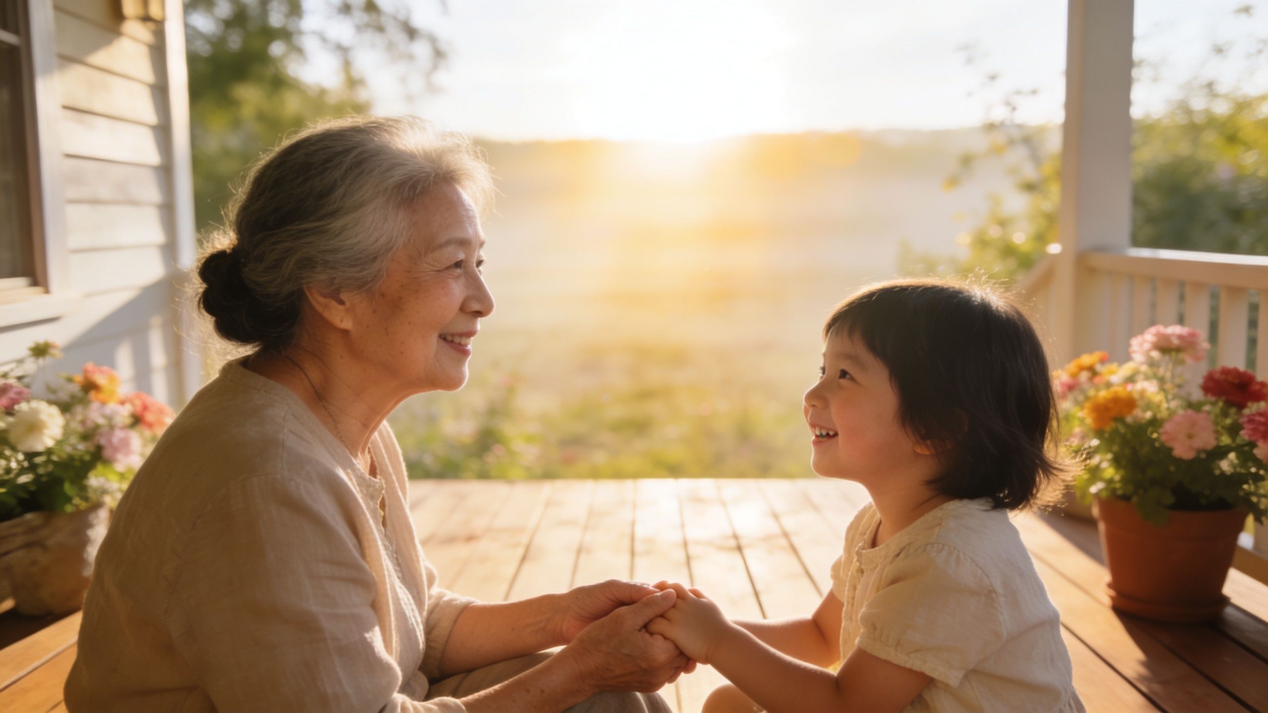 An elderly grandmother and her young granddaughter holding hands together while sitting on a wooden porch.