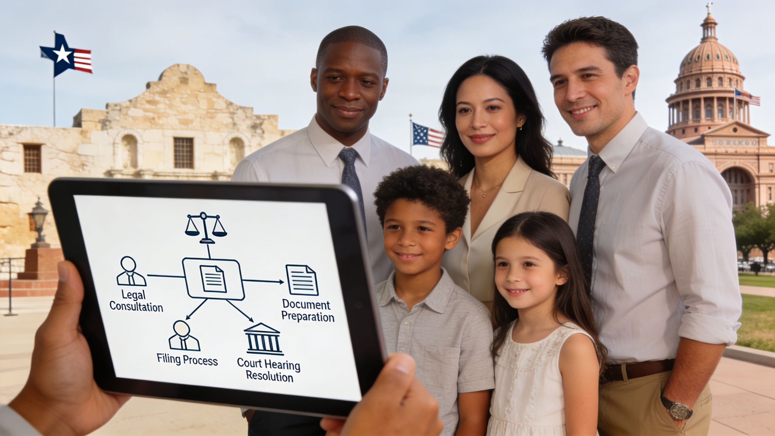 A family stands together in front of the Texas State Capitol looking at a legal workflow chart.