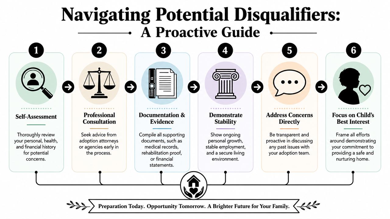 A six-step guide infographic for navigating adoption disqualifiers and preparing for the adoption process.