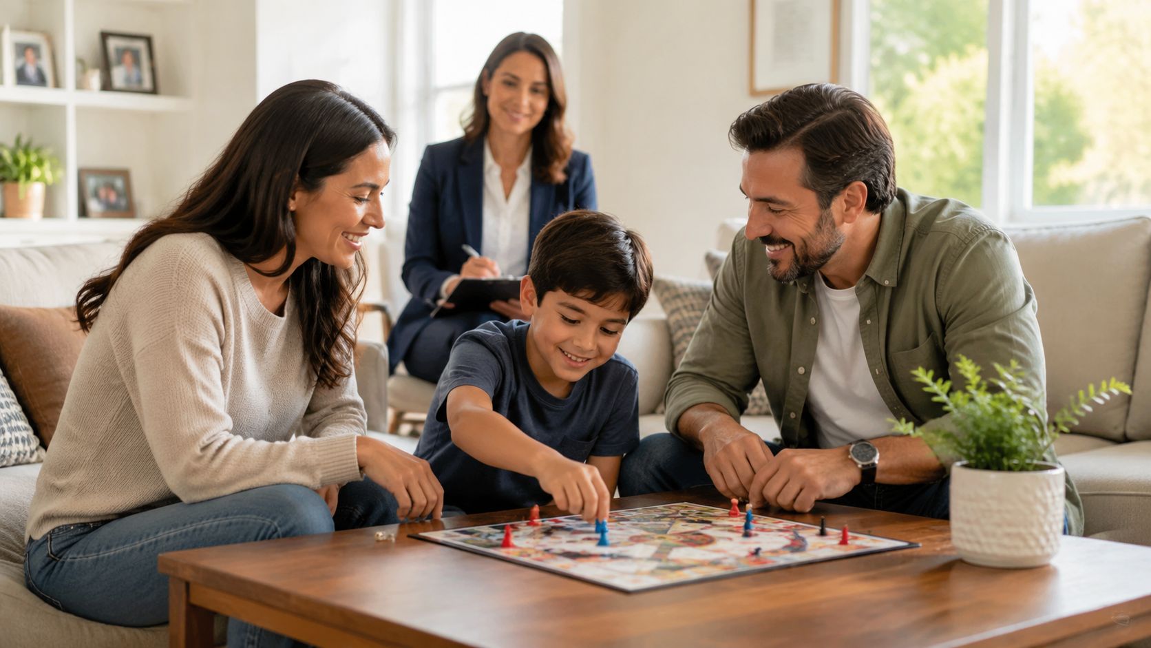 A family playing a board game together in a living room with a social worker observing.