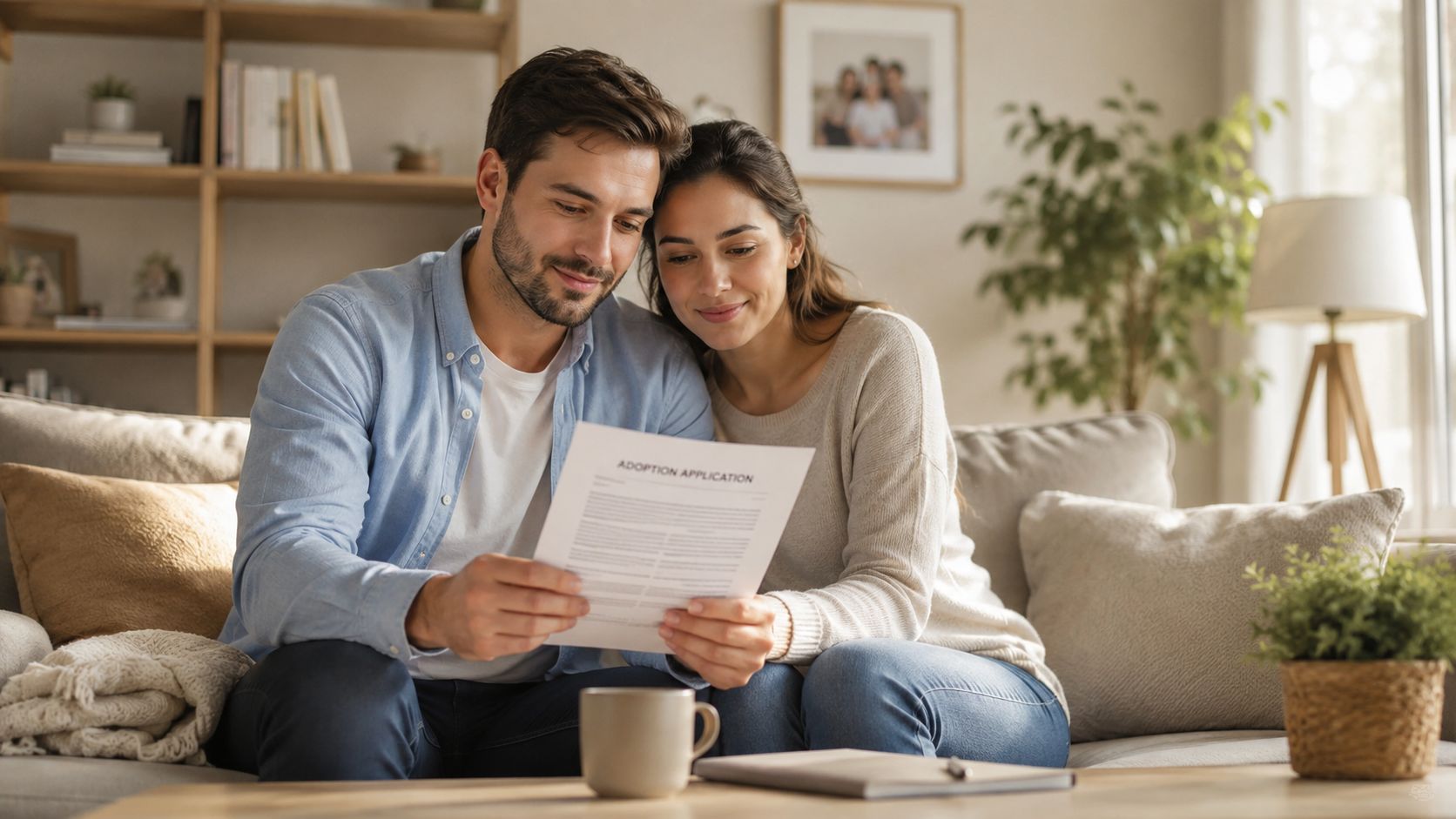 A happy couple sitting together on a couch, looking lovingly at an adoption application document.