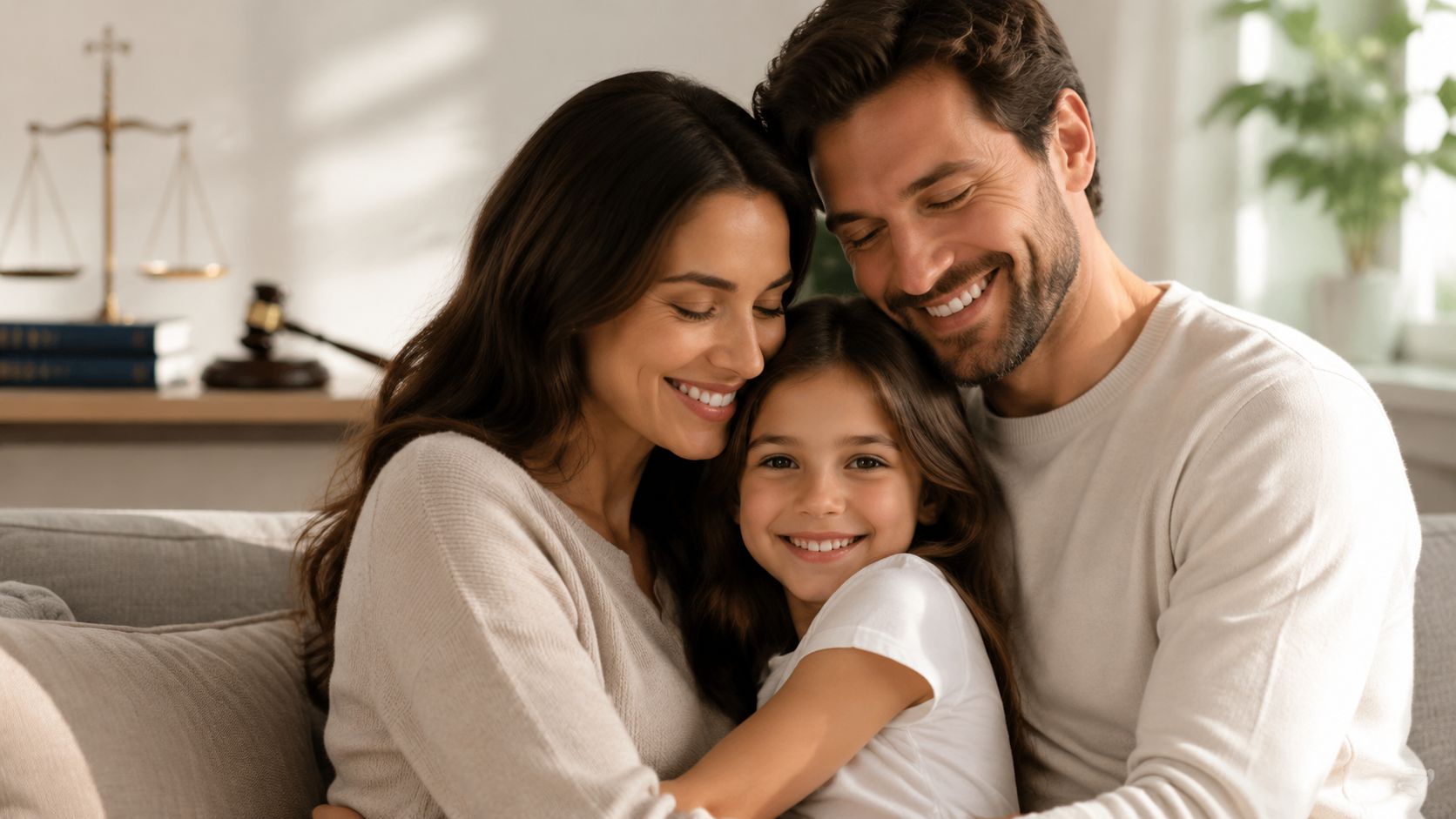 A happy family consisting of a mother, father, and daughter hugging each other in a living room.