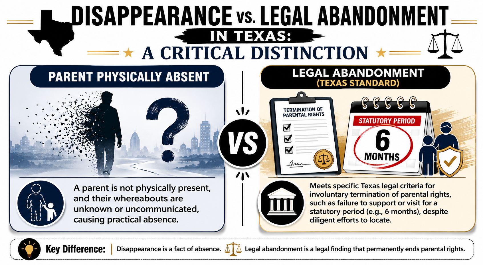 An infographic titled Disappearance vs. Legal Abandonment in Texas, comparing physical absence with legal termination of rights.